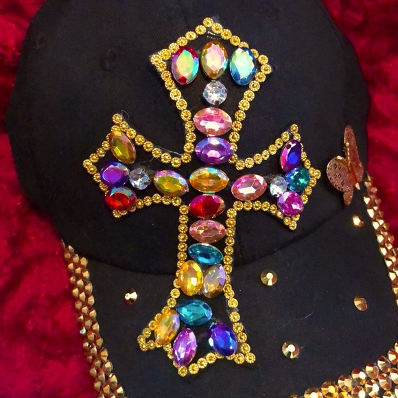Gold Studded, Bejeweled Cross Cap with Butterfly! - Picture 3 of 9